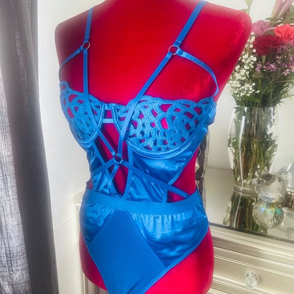 XS-S Royal Blue One Piece Hollow Out Negligee - Picture 3 of 5